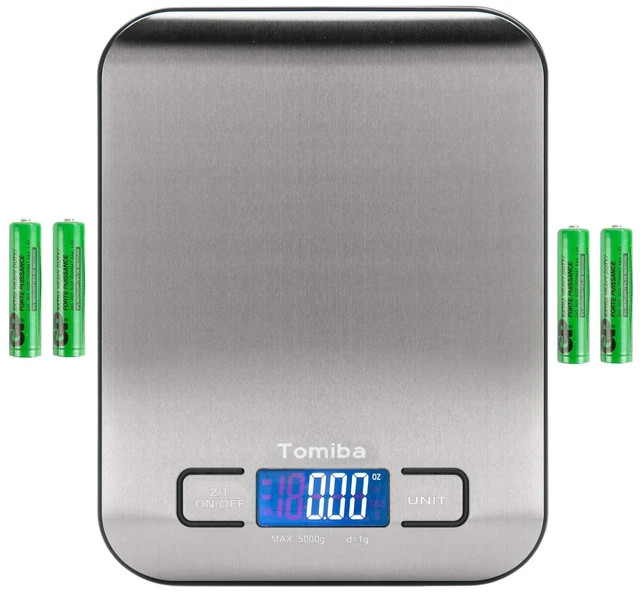 Main image of Digital Kitchen Food Scale 11 lb Grams and Ounces Small Stainless Steel Backlit Silver Batteries Included