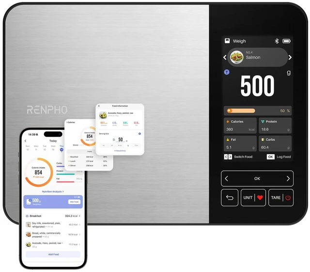 Main image of Rechargeable Smart Food Scale with Nutritional Calculator, Calibra+ | TFT Color Display, Instant Macro, Carb Tracker, Digital Food Scale for Weight Loss, Sync with Apps, Stainless Steel