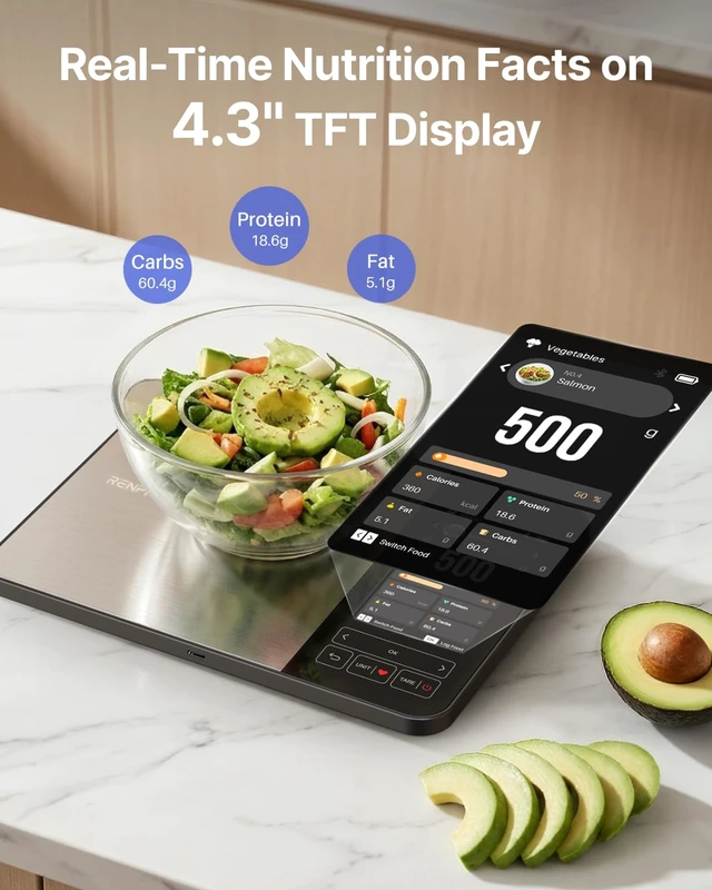 Alt view image 2 of 7 - Rechargeable Smart Food Scale with Nutritional Calculator, Calibra+ | TFT Color Display, Instant Macro, Carb Tracker, Digital Food Scale for Weight Loss, Sync with Apps, Stainless Steel