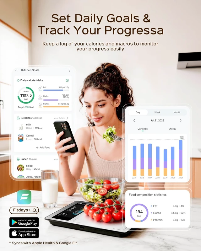 Alt view image 3 of 6 - Smart Food Scale with Nutritional Calculator, USB-C Rechargeable | Color Display, Fitdays+ App with 24 Nutrients, Barcode Scan, Calorie & Macro Tracking for Meal Prep and Weight Loss
