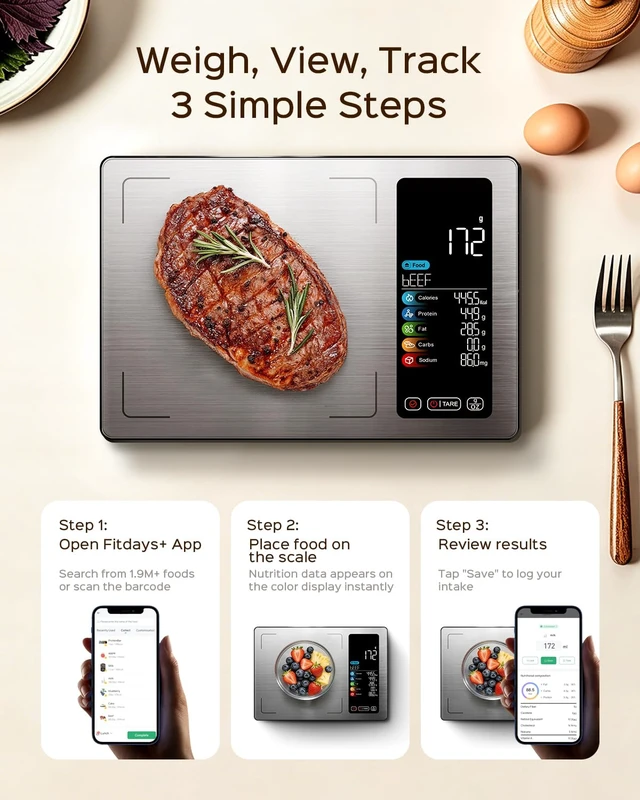 Alt view image 2 of 6 - Smart Food Scale with Nutritional Calculator, USB-C Rechargeable | Color Display, Fitdays+ App with 24 Nutrients, Barcode Scan, Calorie & Macro Tracking for Meal Prep and Weight Loss