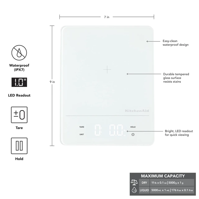 Alt view image 2 of 7 - KQ913 Digital Waterproof (IPx7) Kitchen and Food Scale, LED readout, 11 Pound Max Capacity, White