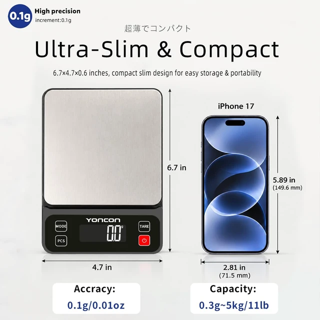 Alt view image 3 of 7 - Digital Food Scale for Kitchen & Baking, 11lb/0.1g High Precision | Digital kitchen scale weighs in grams and ounces, Tare function, Compact & easy-to-clean ideal for cooking, weight loss