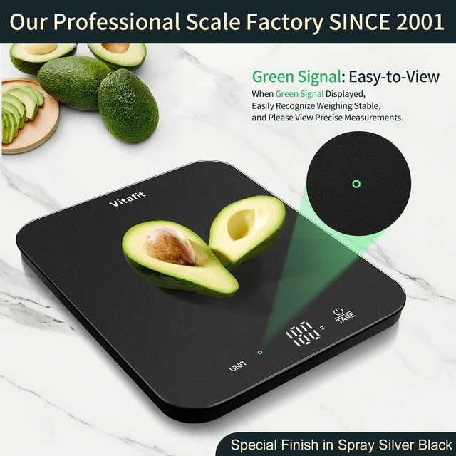Alt view image 2 of 7 - 33lb/15kg Digital Food Scale in High Precision 0.1oz/1g, Our Own Kitchen Scale Professional Factory Since 2001, Kitchen Essentials for Cooking & Baking, LED, 3 AAA Battery, Spray Silver Black