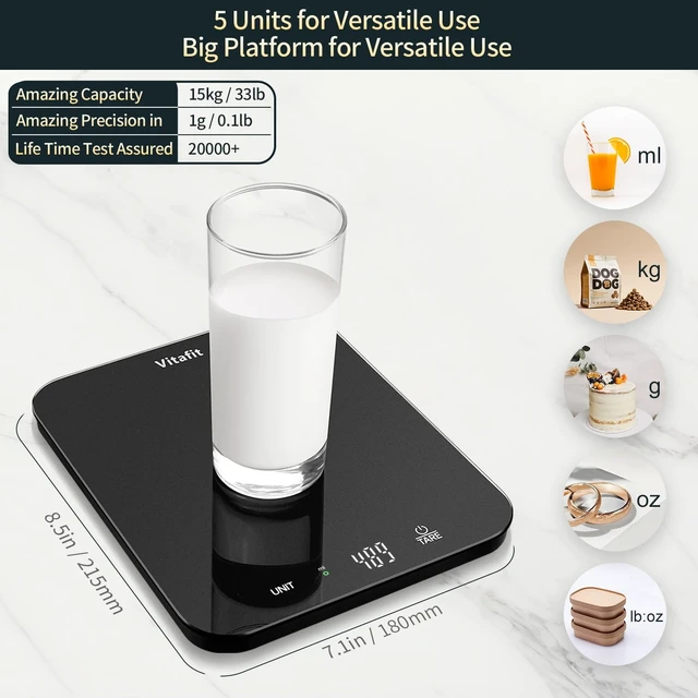 Alt view image 3 of 7 - 33lb/15kg Digital Food Scale in High Precision 0.1oz/1g, Our Own Kitchen Scale Professional Factory Since 2001, Kitchen Essentials for Cooking & Baking, LED, 3 AAA Battery, Spray Silver Black