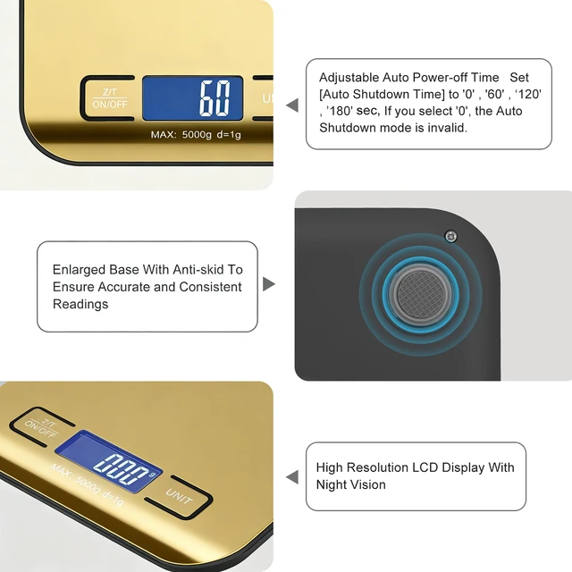 Alt view image 2 of 7 - Digital Shipping Scale,Stainless Steel Panel, Accurate Portable Postal Scale for Packages, Small Business,Kitchen, Food, Handmade, Liquids, and Boutique (Mirror Gold Battery(5kg/1g))