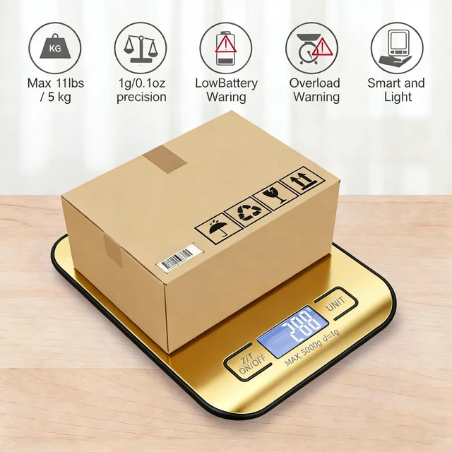 Alt view image 4 of 7 - Digital Shipping Scale,Stainless Steel Panel, Accurate Portable Postal Scale for Packages, Small Business,Kitchen, Food, Handmade, Liquids, and Boutique (Mirror Gold Battery(5kg/1g))