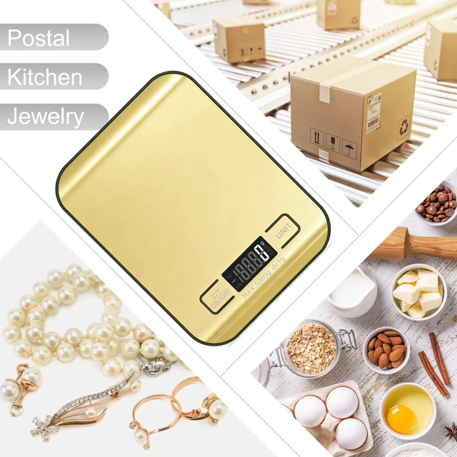 Alt view image 5 of 7 - Digital Shipping Scale,Stainless Steel Panel, Accurate Portable Postal Scale for Packages, Small Business,Kitchen, Food, Handmade, Liquids, and Boutique (Mirror Gold Battery(5kg/1g))