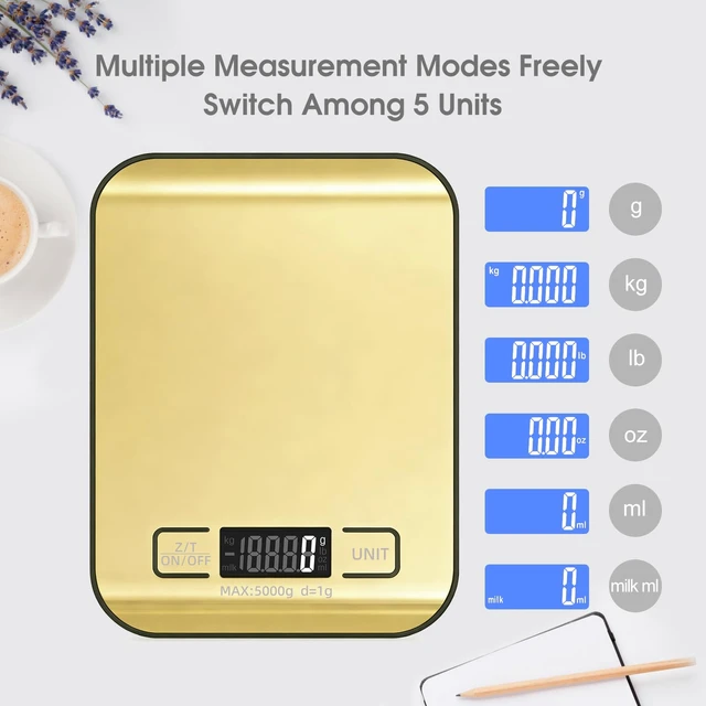 Alt view image 6 of 7 - Digital Shipping Scale,Stainless Steel Panel, Accurate Portable Postal Scale for Packages, Small Business,Kitchen, Food, Handmade, Liquids, and Boutique (Mirror Gold Battery(5kg/1g))