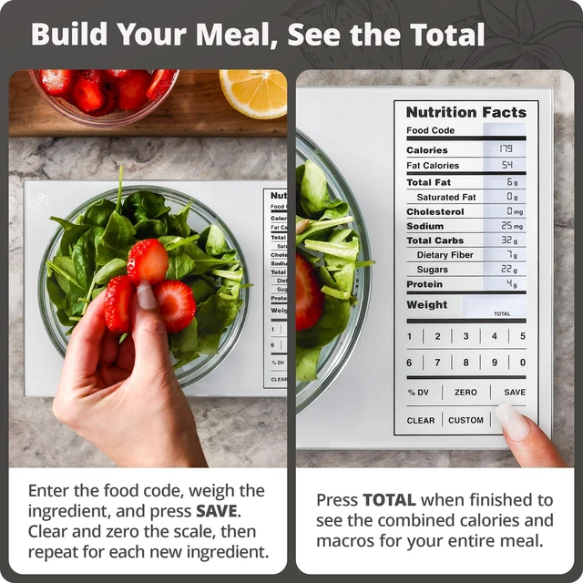 Alt view image 5 of 7 - Food Scale with Nutrition Calculator, 2,000 Codes (Silver) | Calorie Scale for Macro Tracking, Portion Control, & Weight Loss Goals, Meal Prep Totals, 99 Custom Entries, 11lb Capacity