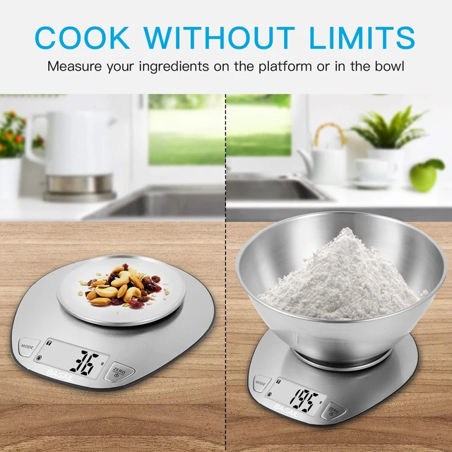Alt view image 3 of 7 - Digital Kitchen Food Scale with Stainless Steel Bowl, 11lb/5kg | 7 Weight Units, Large Clear Display, Gram Scale, For Baking & Cooking, Wet and Dry Ingredients, Batteries Included