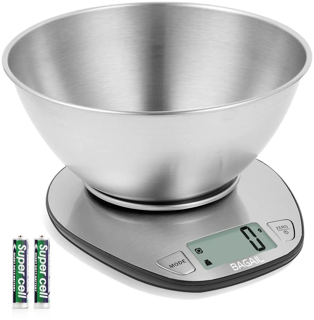 Main image of Digital Kitchen Food Scale with Stainless Steel Bowl, 11lb/5kg | 7 Weight Units, Large Clear Display, Gram Scale, For Baking & Cooking, Wet and Dry Ingredients, Batteries Included