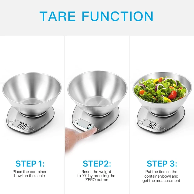 Alt view image 4 of 7 - Digital Kitchen Food Scale with Stainless Steel Bowl, 11lb/5kg | 7 Weight Units, Large Clear Display, Gram Scale, For Baking & Cooking, Wet and Dry Ingredients, Batteries Included