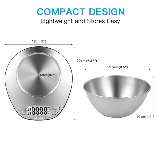 Alt view image 2 of 7 - Digital Kitchen Food Scale with Stainless Steel Bowl, 11lb/5kg | 7 Weight Units, Large Clear Display, Gram Scale, For Baking & Cooking, Wet and Dry Ingredients, Batteries Included