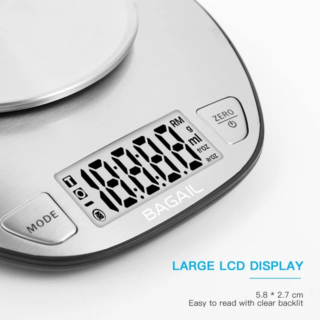 Alt view image 6 of 7 - Digital Kitchen Food Scale with Stainless Steel Bowl, 11lb/5kg | 7 Weight Units, Large Clear Display, Gram Scale, For Baking & Cooking, Wet and Dry Ingredients, Batteries Included