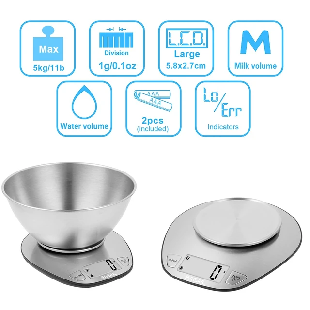 Alt view image 7 of 7 - Digital Kitchen Food Scale with Stainless Steel Bowl, 11lb/5kg | 7 Weight Units, Large Clear Display, Gram Scale, For Baking & Cooking, Wet and Dry Ingredients, Batteries Included