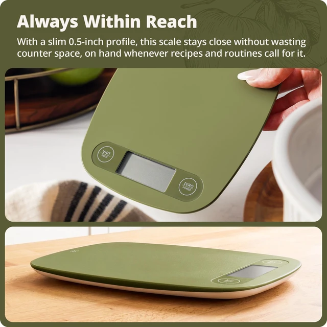 Alt view image 2 of 7 - Food Scale, Slim & Compact Build, 1g Precision (Moss Green) | Digital Kitchen Scale for Cooking, Meal Prep & Portion Control, Tare, Auto Shut-Off, g/oz/lb/ml Conversion & Calorie Tracking