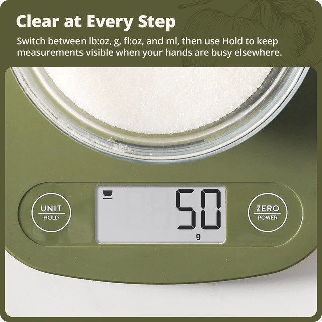 Alt view image 7 of 7 - Food Scale, Slim & Compact Build, 1g Precision (Moss Green) | Digital Kitchen Scale for Cooking, Meal Prep & Portion Control, Tare, Auto Shut-Off, g/oz/lb/ml Conversion & Calorie Tracking