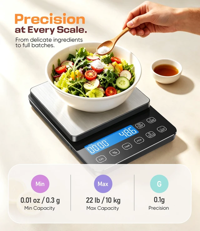 Alt view image 2 of 7 - Food Scale, 0.1g/0.001oz High Precision Kitchen Scale with Percentage Mode | 22 lb Kitchen Scale with Timer, PCS, USB-C & AAA Dual Power, Stainless Steel Platform for Sourdough, Baking & Cooking