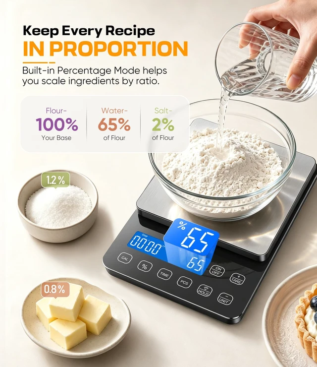 Alt view image 4 of 7 - Food Scale, 0.1g/0.001oz High Precision Kitchen Scale with Percentage Mode | 22 lb Kitchen Scale with Timer, PCS, USB-C & AAA Dual Power, Stainless Steel Platform for Sourdough, Baking & Cooking
