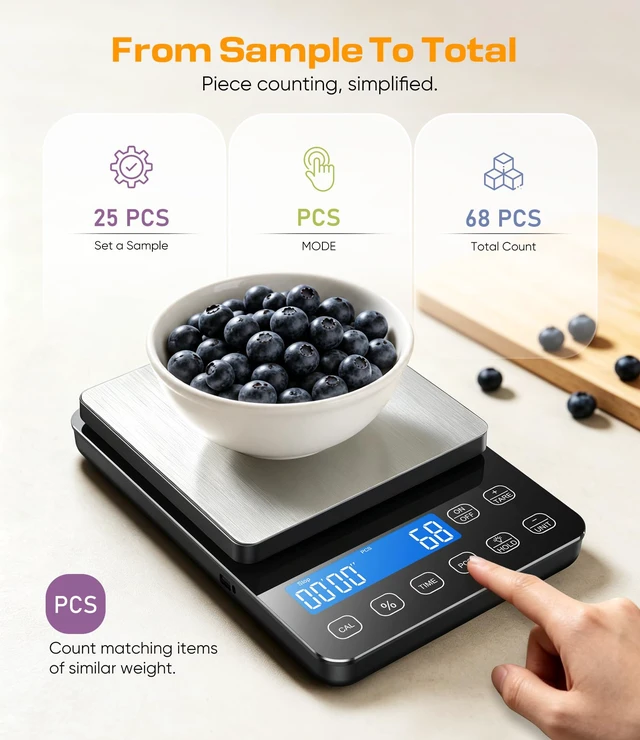 Alt view image 7 of 7 - Food Scale, 0.1g/0.001oz High Precision Kitchen Scale with Percentage Mode | 22 lb Kitchen Scale with Timer, PCS, USB-C & AAA Dual Power, Stainless Steel Platform for Sourdough, Baking & Cooking