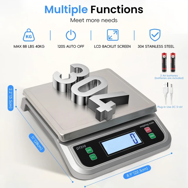 Alt view image 2 of 7 - 88lb Food Scale Stainless Steel with 6 Unit and Tare PCS Funtion | Commercial Kitchen Scale, with Full View LCD Display Large Kitchen Scale for Baking, Cooking, flour, fruits Silver