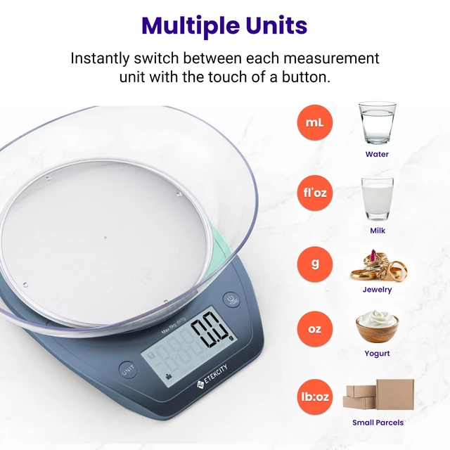Alt view image 5 of 6 - 0.1g Food Scale, Bowl, Digital Grams and Ounces for Weight Loss, Dieting, Baking, Cooking, and Meal Prep, 11lb/5kg, Stainless Steel Prussian Blue