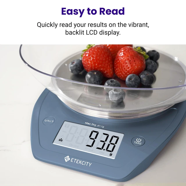 Alt view image 4 of 6 - 0.1g Food Scale, Bowl, Digital Grams and Ounces for Weight Loss, Dieting, Baking, Cooking, and Meal Prep, 11lb/5kg, Stainless Steel Prussian Blue