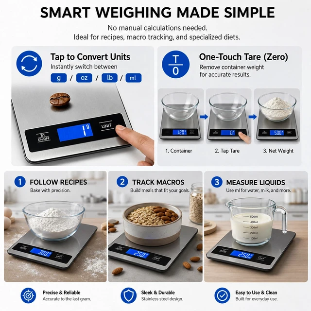 Alt view image 2 of 7 - 33lb/15kg Digital Food Kitchen Scale, Measuring Recipes Coffee Meat Baking | 1 Gram High Precision Stainless Steel Weight Scale with Timer, Tare & Unit Conversion (g/oz/ml/lb) for Cooking Bread Making