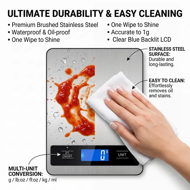 Alt view image 4 of 7 - 33lb/15kg Digital Food Kitchen Scale, Measuring Recipes Coffee Meat Baking | 1 Gram High Precision Stainless Steel Weight Scale with Timer, Tare & Unit Conversion (g/oz/ml/lb) for Cooking Bread Making