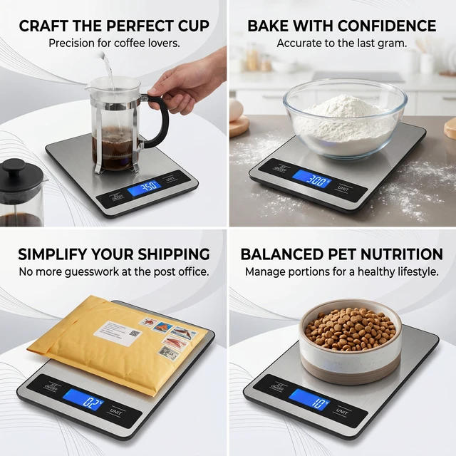 Alt view image 7 of 7 - 33lb/15kg Digital Food Kitchen Scale, Measuring Recipes Coffee Meat Baking | 1 Gram High Precision Stainless Steel Weight Scale with Timer, Tare & Unit Conversion (g/oz/ml/lb) for Cooking Bread Making