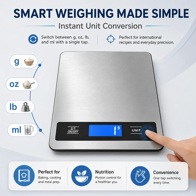 Alt view image 5 of 7 - 33lb/15kg Digital Food Kitchen Scale, Measuring Recipes Coffee Meat Baking | 1 Gram High Precision Stainless Steel Weight Scale with Timer, Tare & Unit Conversion (g/oz/ml/lb) for Cooking Bread Making