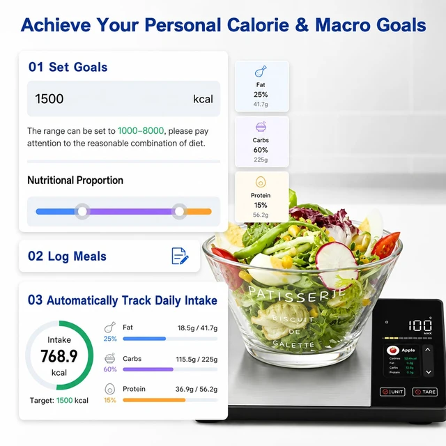 Alt view image 3 of 7 - Smart Food Scale with Nutritional Calculator, Free App & Color Display | Digital Kitchen Scale for Calorie, Carb, Fat & Protein Tracking, 23 Nutrients, Nutrition Scale for Healthy Eating & Meal Prep