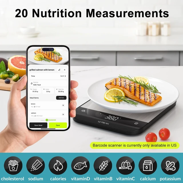 Alt view image 2 of 6 - Smart Food Kitchen Scale with Nutritional Calculator, App for Macro & Calorie Tracking, AI Scan, Digital Grams and Ounces for Weight Loss, Rechargeable, Stainless Steel, 33lb /15kg