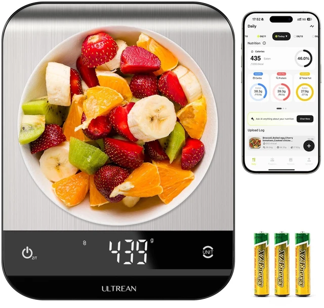 Main image of Smart Food Kitchen Scale with Nutritional Calculator, App for Macro & Calorie Tracking, AI Scan, Digital Grams and Ounces for Weight Loss, Rechargeable, Stainless Steel, 33lb /15kg