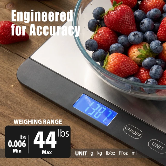 Alt view image 3 of 7 - Food Scale 44lb/20kg, Extra-Large Platform Digital Kitchen Scale, 1g/0.1oz High Precision, Stainless Steel/Tempered Glass, Weight Grams and oz for Cooking Baking Meal Prep Sourdough Bread