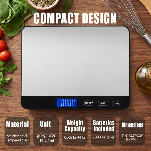 Alt view image 7 of 7 - Food Scale 44lb/20kg, Extra-Large Platform Digital Kitchen Scale, 1g/0.1oz High Precision, Stainless Steel/Tempered Glass, Weight Grams and oz for Cooking Baking Meal Prep Sourdough Bread
