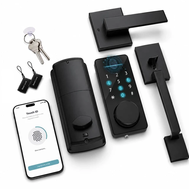 Main image of Smart Door Lock with Handle 6-in-1 Keyless Entry Deadbolt, Biometric Fingerprint Door Lock, Keypad Passcode, IC Card, Mechanical Key, Tuya App Remote Control, Auto-Lock, Easy DIY Front Door Security