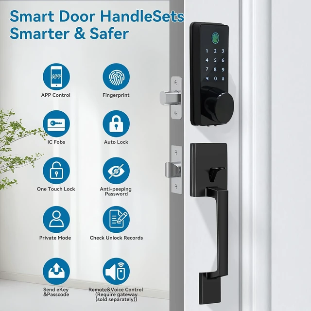 Alt view image 2 of 7 - Smart Door Lock with Handle 6-in-1 Keyless Entry Deadbolt, Biometric Fingerprint Door Lock, Keypad Passcode, IC Card, Mechanical Key, Tuya App Remote Control, Auto-Lock, Easy DIY Front Door Security