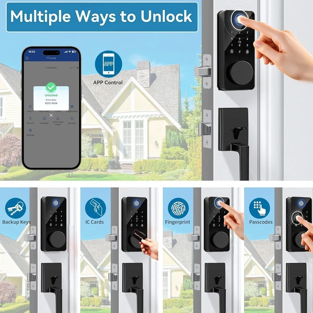 Alt view image 4 of 7 - Smart Door Lock with Handle 6-in-1 Keyless Entry Deadbolt, Biometric Fingerprint Door Lock, Keypad Passcode, IC Card, Mechanical Key, Tuya App Remote Control, Auto-Lock, Easy DIY Front Door Security