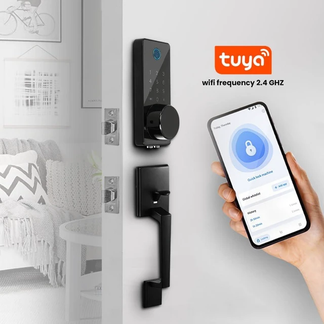Alt view image 3 of 7 - Smart Door Lock with Handle 6-in-1 Keyless Entry Deadbolt, Biometric Fingerprint Door Lock, Keypad Passcode, IC Card, Mechanical Key, Tuya App Remote Control, Auto-Lock, Easy DIY Front Door Security