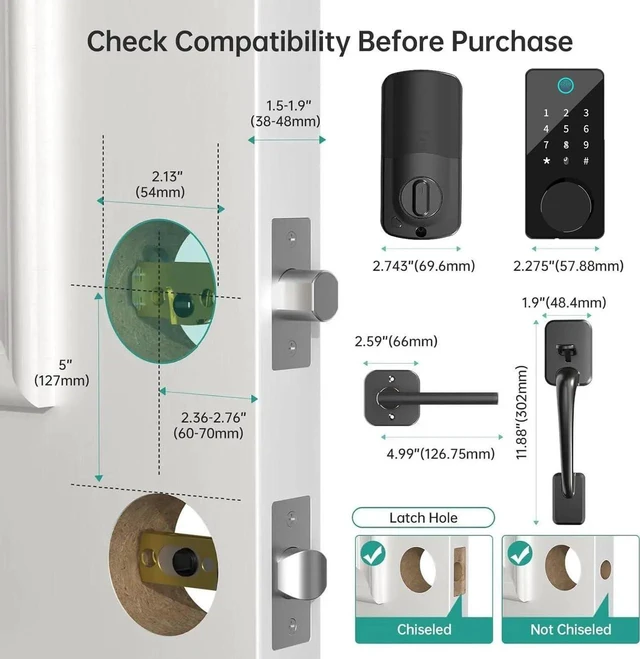 Alt view image 7 of 7 - Smart Door Lock with Handle 6-in-1 Keyless Entry Deadbolt, Biometric Fingerprint Door Lock, Keypad Passcode, IC Card, Mechanical Key, Tuya App Remote Control, Auto-Lock, Easy DIY Front Door Security
