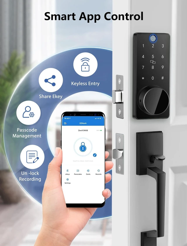 Alt view image 6 of 7 - Smart Door Lock with Handle 6-in-1 Keyless Entry Deadbolt, Biometric Fingerprint Door Lock, Keypad Passcode, IC Card, Mechanical Key, Tuya App Remote Control, Auto-Lock, Easy DIY Front Door Security