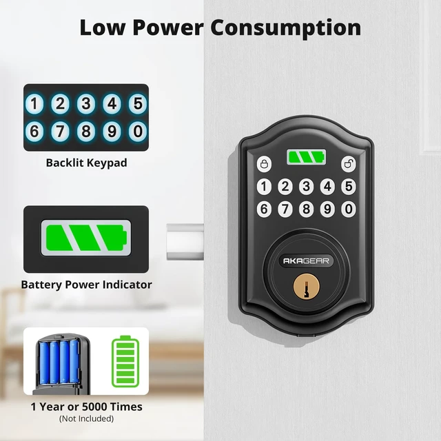 Alt view image 3 of 7 - Keyless Entry Door Lock, Keypad Deadbolt, Matte Black | Electronic Keypad Lock, 300 PIN Codes, Auto Lock, Anti-Peeping Password, Low Battery Alarm, Battery Power Indicator