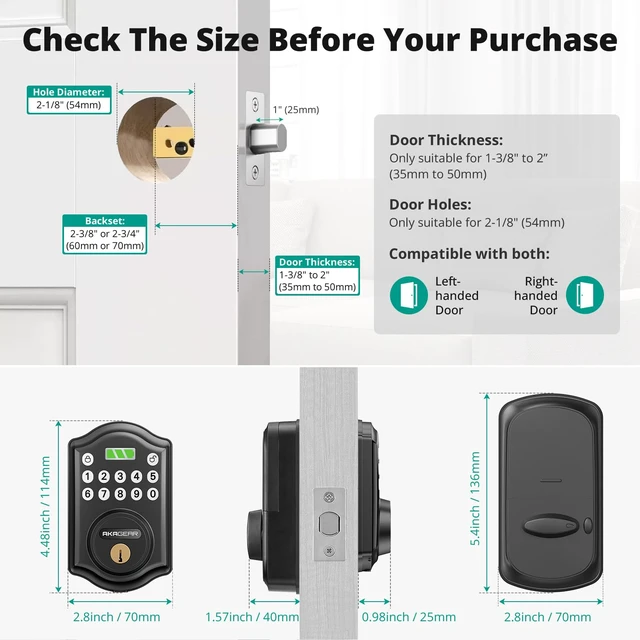 Alt view image 7 of 7 - Keyless Entry Door Lock, Keypad Deadbolt, Matte Black | Electronic Keypad Lock, 300 PIN Codes, Auto Lock, Anti-Peeping Password, Low Battery Alarm, Battery Power Indicator