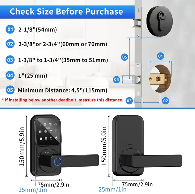 Alt view image 2 of 7 - Smart Door Lock with Handle, Fingerprint Knob for Front Door, Digital Lock | Door Handle with Keypad, for Interior Door, 100 User Fingerprints, Auto Lock, App Control, Built-in Doorbell
