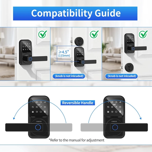 Alt view image 5 of 7 - Smart Door Lock with Handle, Fingerprint Knob for Front Door, Digital Lock | Door Handle with Keypad, for Interior Door, 100 User Fingerprints, Auto Lock, App Control, Built-in Doorbell