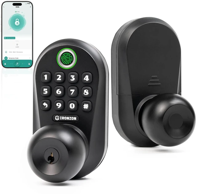 Main image of 350K 5-in-1 Smart Fingerprint Door Knob with Keypad, Black | Keyless entry with app control, 100 passcodes, auto-lock, privacy and passage modes; easy install for front door or bedroom