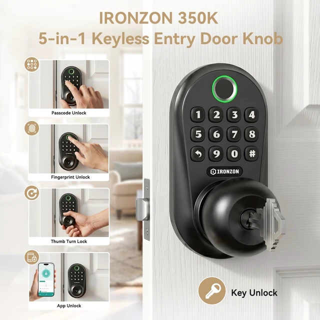 Alt view image 2 of 7 - 350K 5-in-1 Smart Fingerprint Door Knob with Keypad, Black | Keyless entry with app control, 100 passcodes, auto-lock, privacy and passage modes; easy install for front door or bedroom