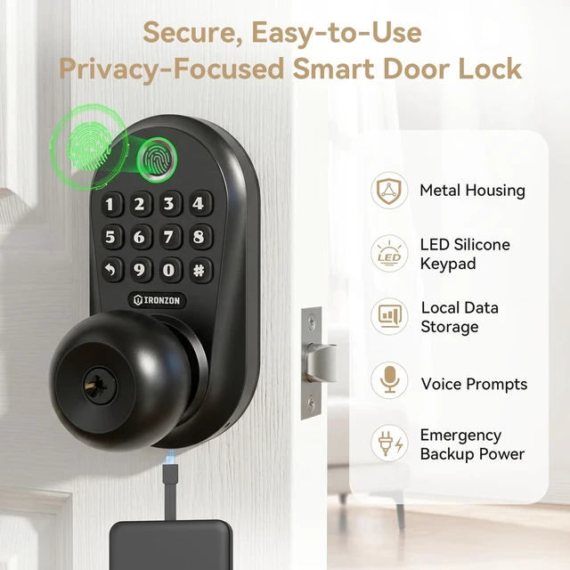 Alt view image 3 of 7 - 350K 5-in-1 Smart Fingerprint Door Knob with Keypad, Black | Keyless entry with app control, 100 passcodes, auto-lock, privacy and passage modes; easy install for front door or bedroom